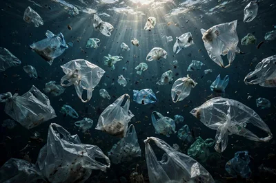 Plastic Bags Floating Underwater in Polluted Ocean