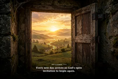 Open Wooden Door Overlooking A Scenic Sunrise Valley