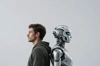 Man Standing Back To Back With Futuristic Robot