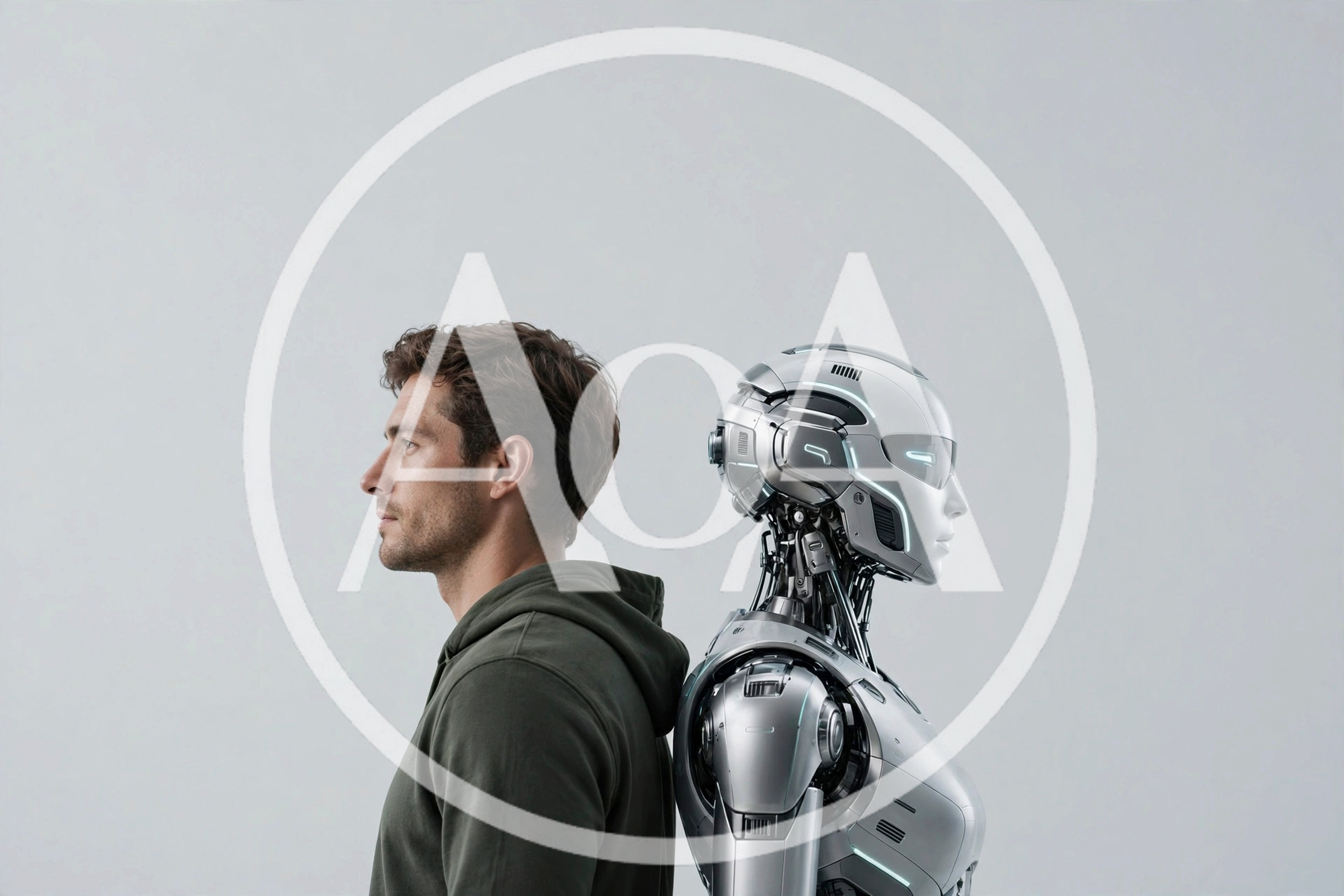 Man Standing Back To Back With Futuristic Robot
