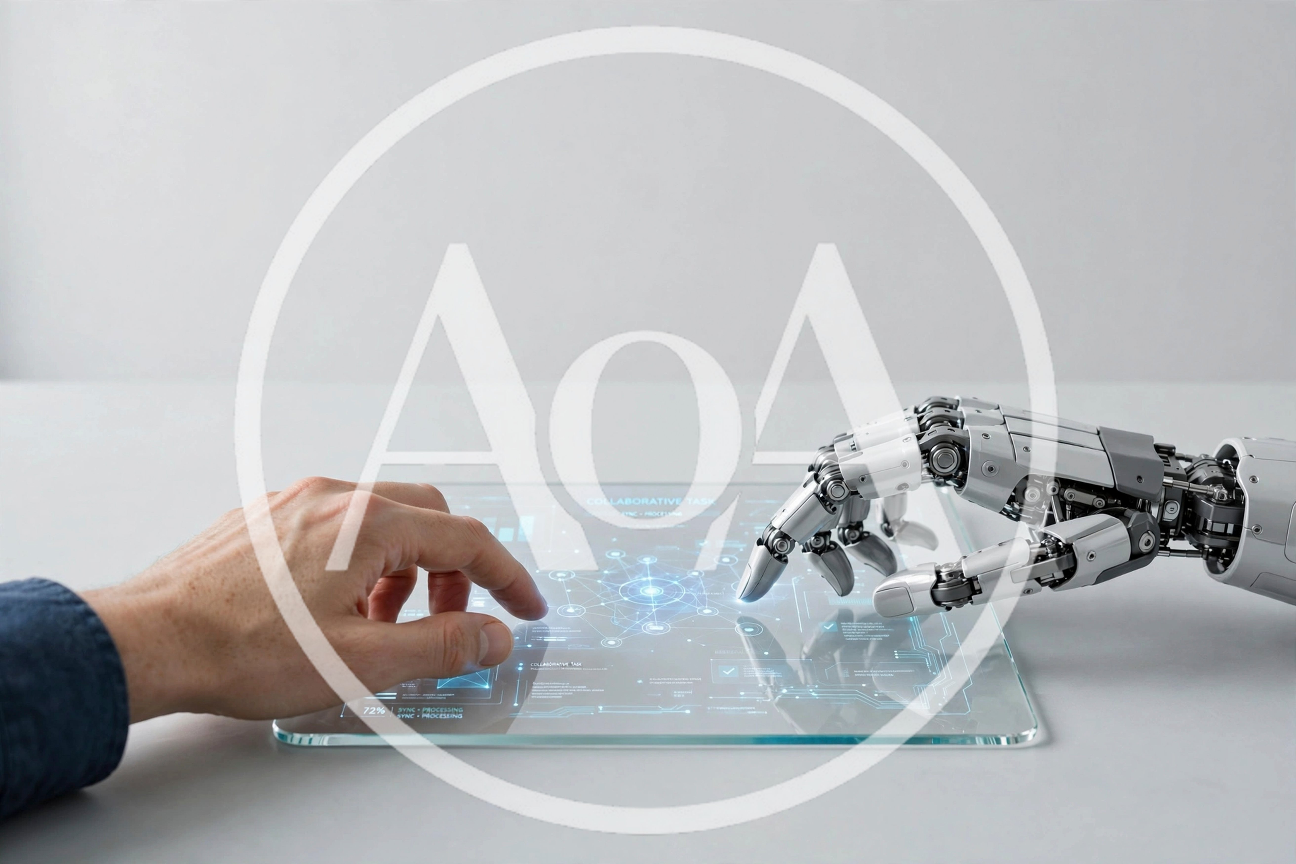 Human Hand And Robotic Hand Interacting On Digital Interface
