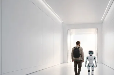 Man Walking With A Friendly Robot In Modern Hallway
