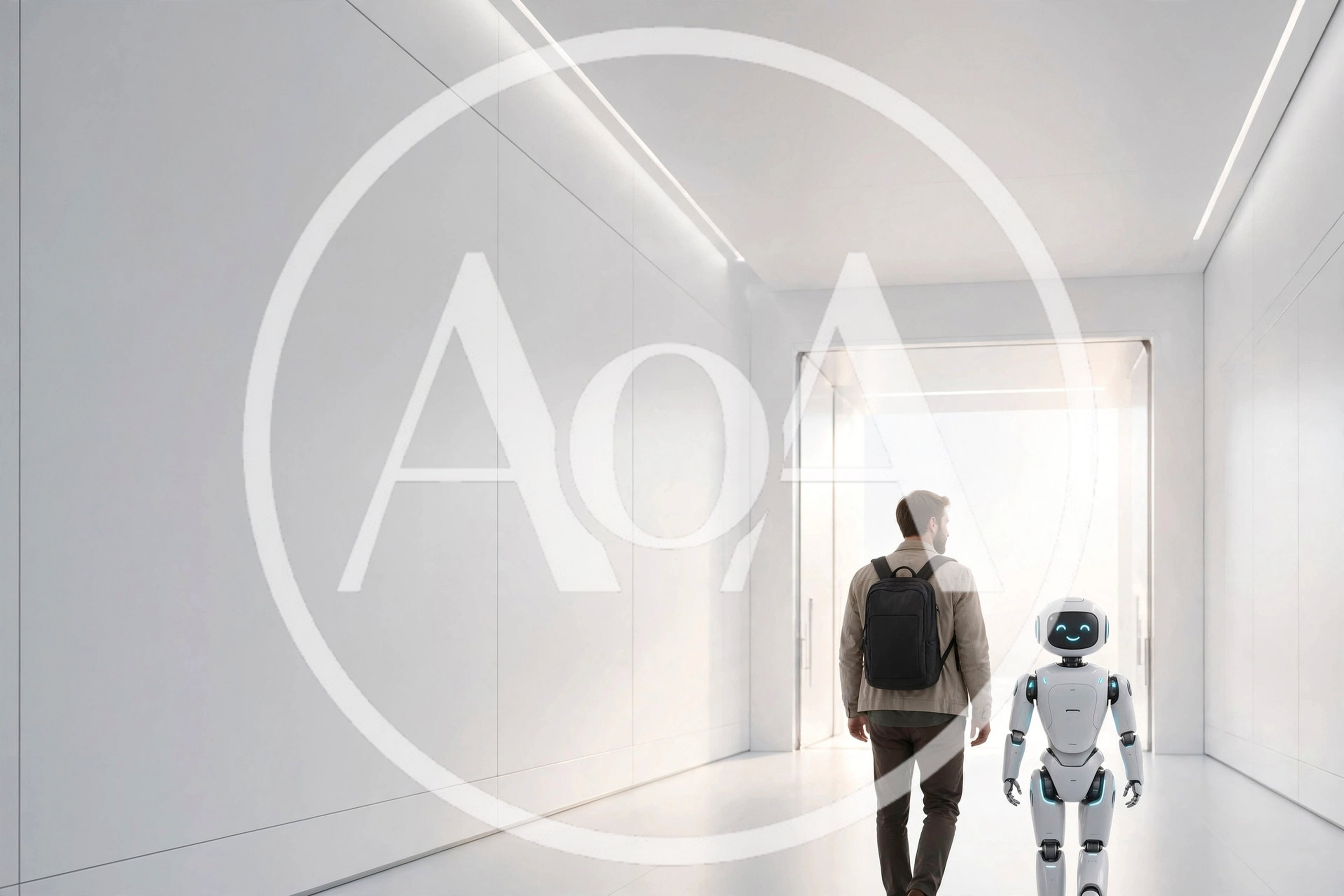 Man Walking With A Friendly Robot In Modern Hallway