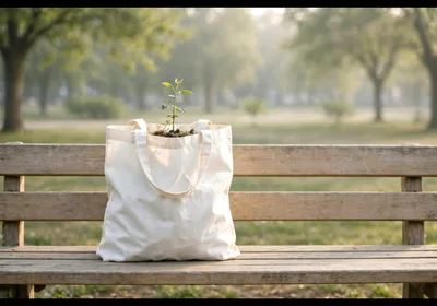 Small Green Plant Growing Inside A Canvas Tote Bag