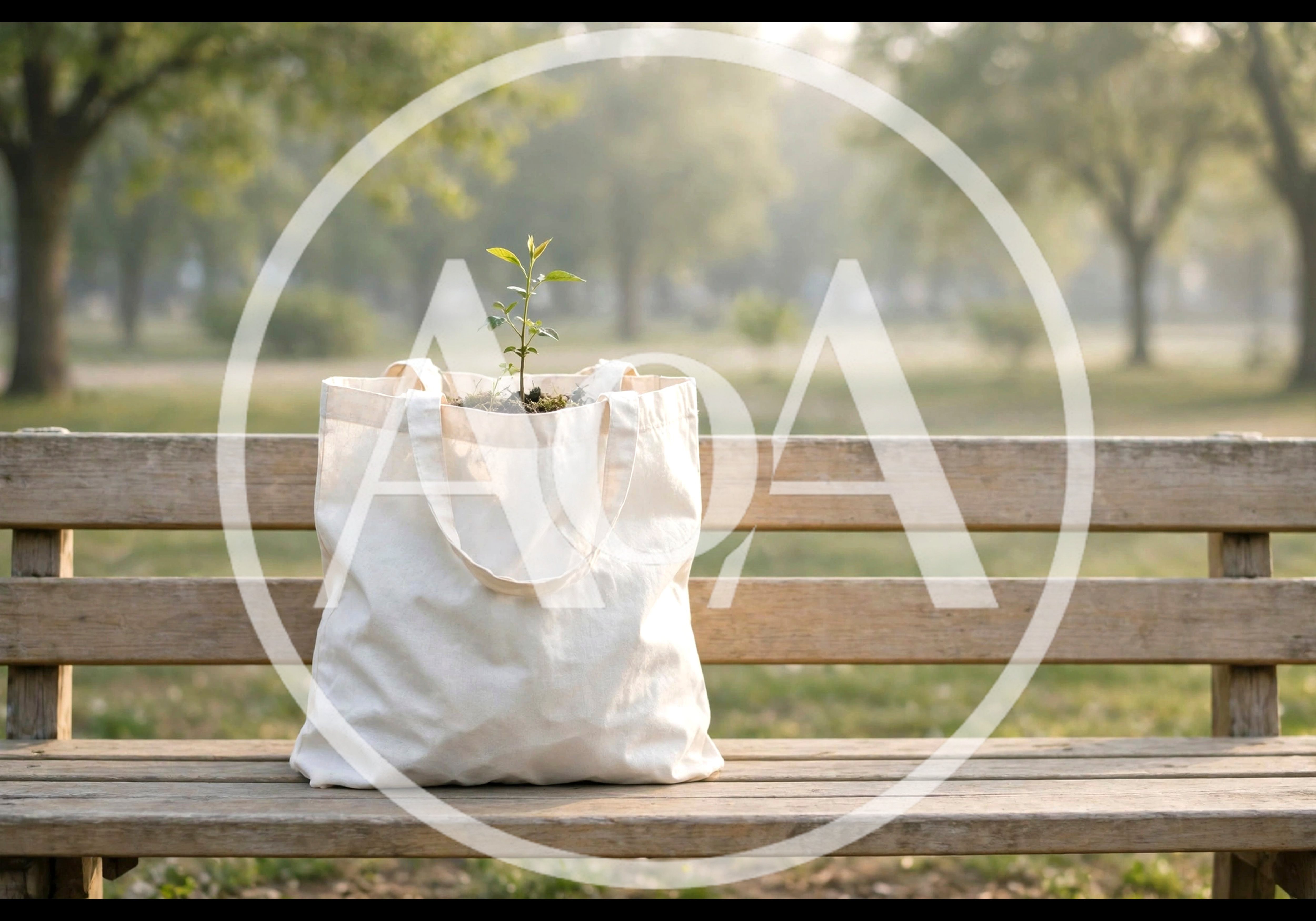 Small Green Plant Growing Inside A Canvas Tote Bag
