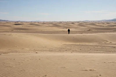 Lone Person Walking Across Vast Desert Landscape
