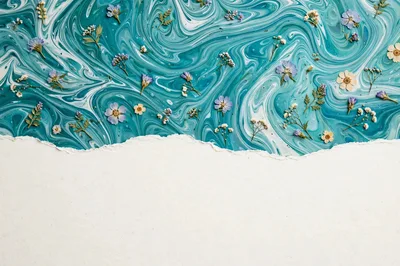 Pressed Flowers On Swirling Teal Marble Background
