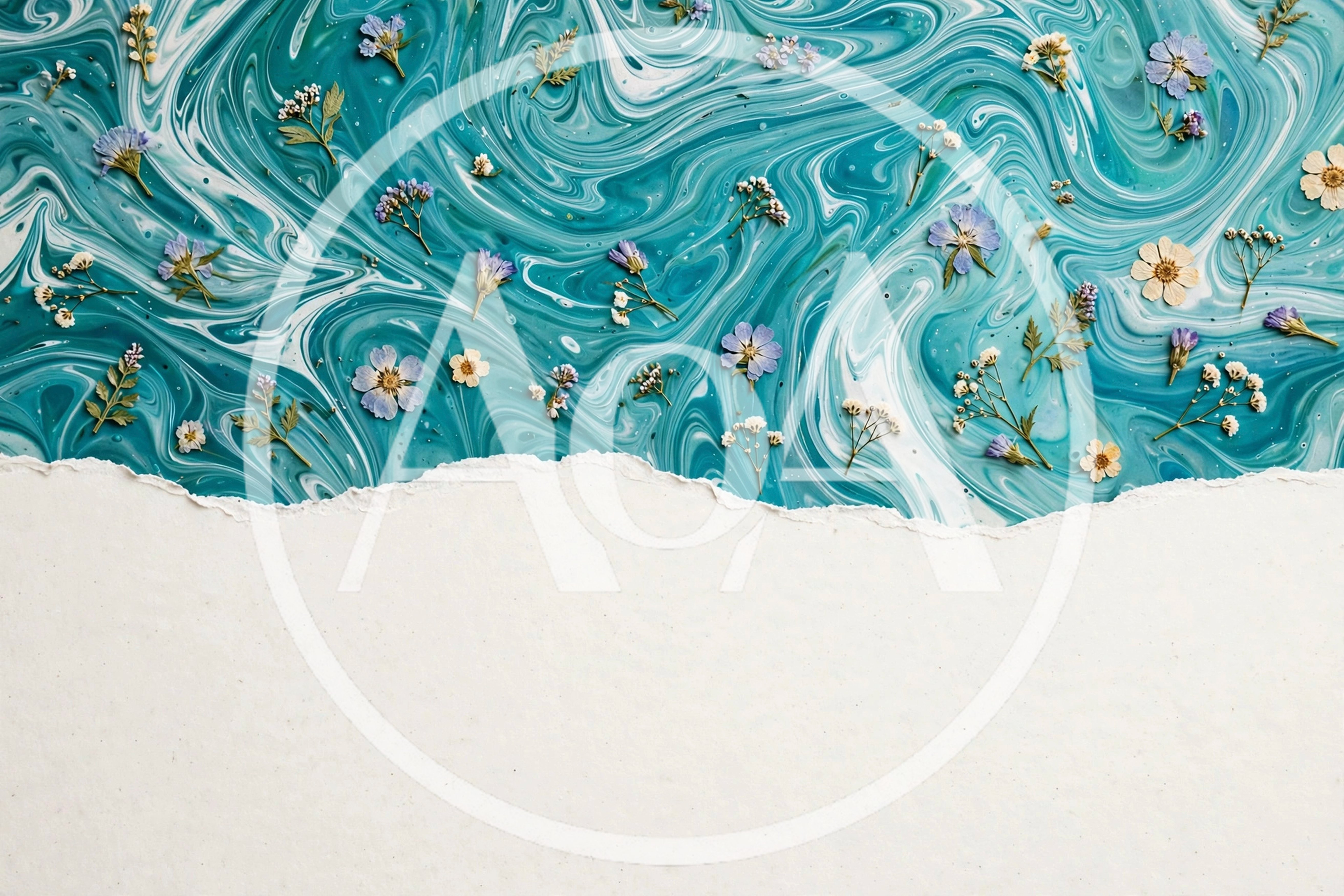 Pressed Flowers On Swirling Teal Marble Background