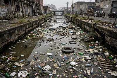 Polluted Industrial Canal Filled With Trash And Debris