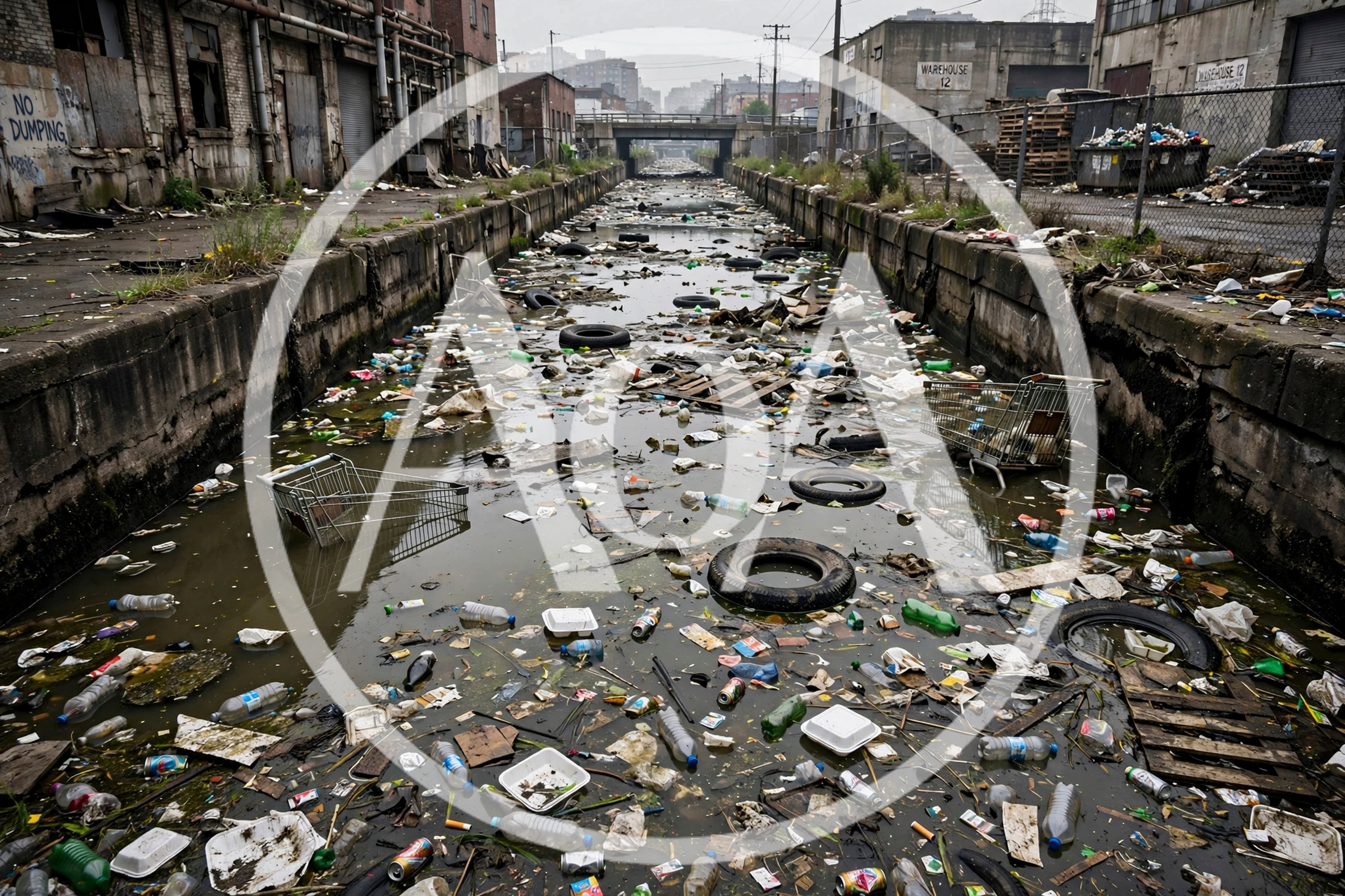 Polluted Industrial Canal Filled With Trash And Debris