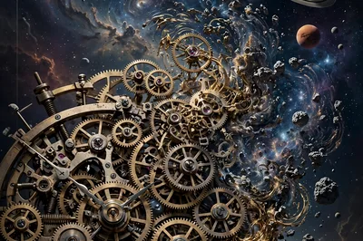 Intricate Clockwork Gears Merging With Cosmic Space Nebula