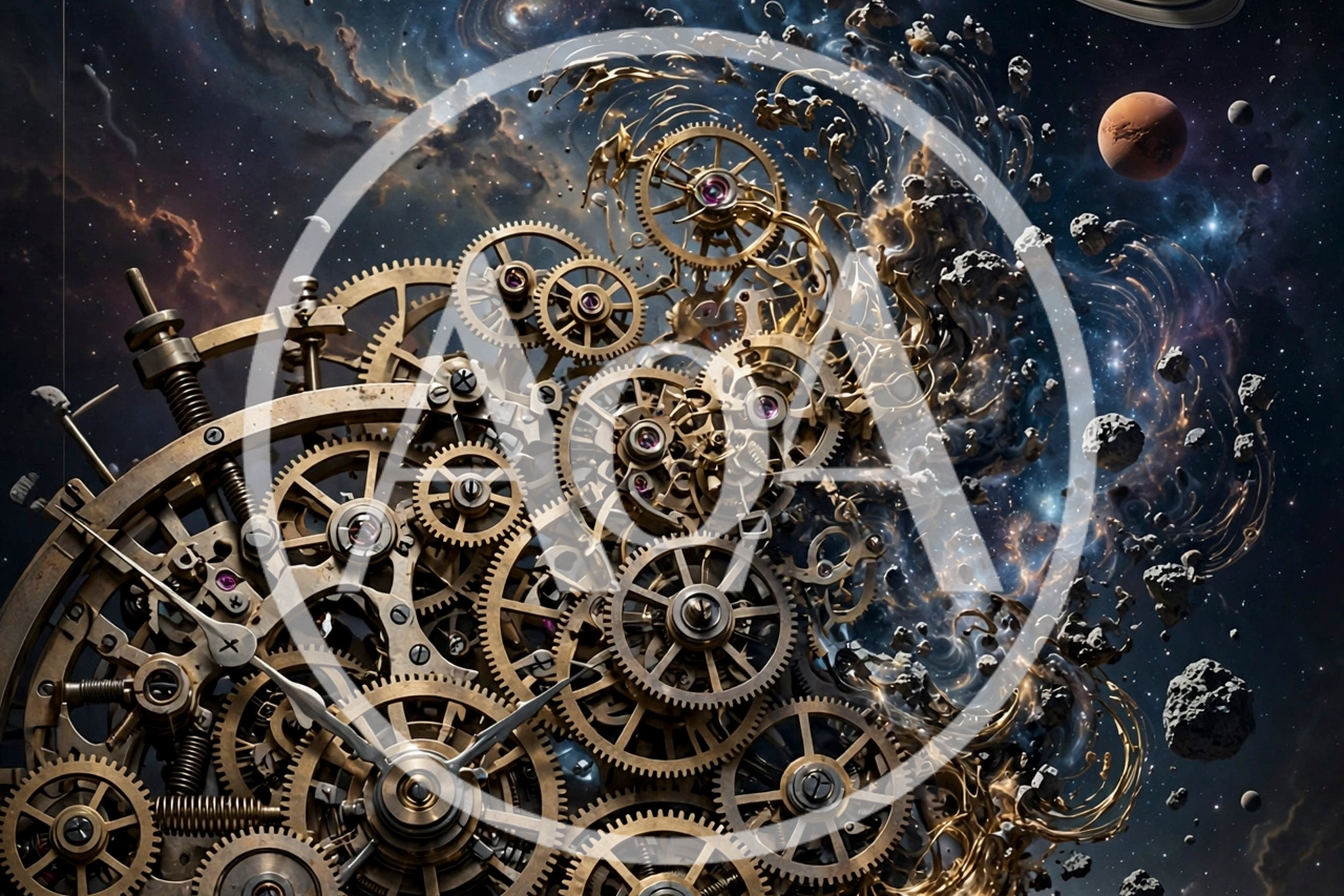 Intricate Clockwork Gears Merging With Cosmic Space Nebula