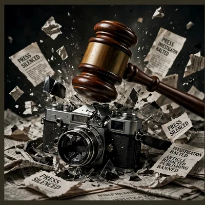Gavel Smashing Camera Representing Censorship Of The Press