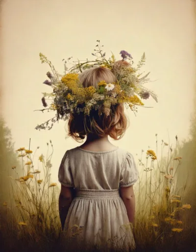 Young Girl Wearing A Wildflower Crown In A Meadow