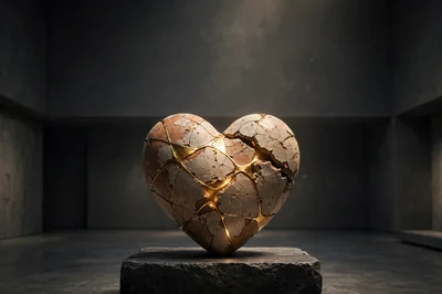 Kintsugi Heart Sculpture On Stone Pedestal