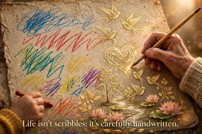 Artistic Contrast Between Child Scribbles and Elegant Calligraphy