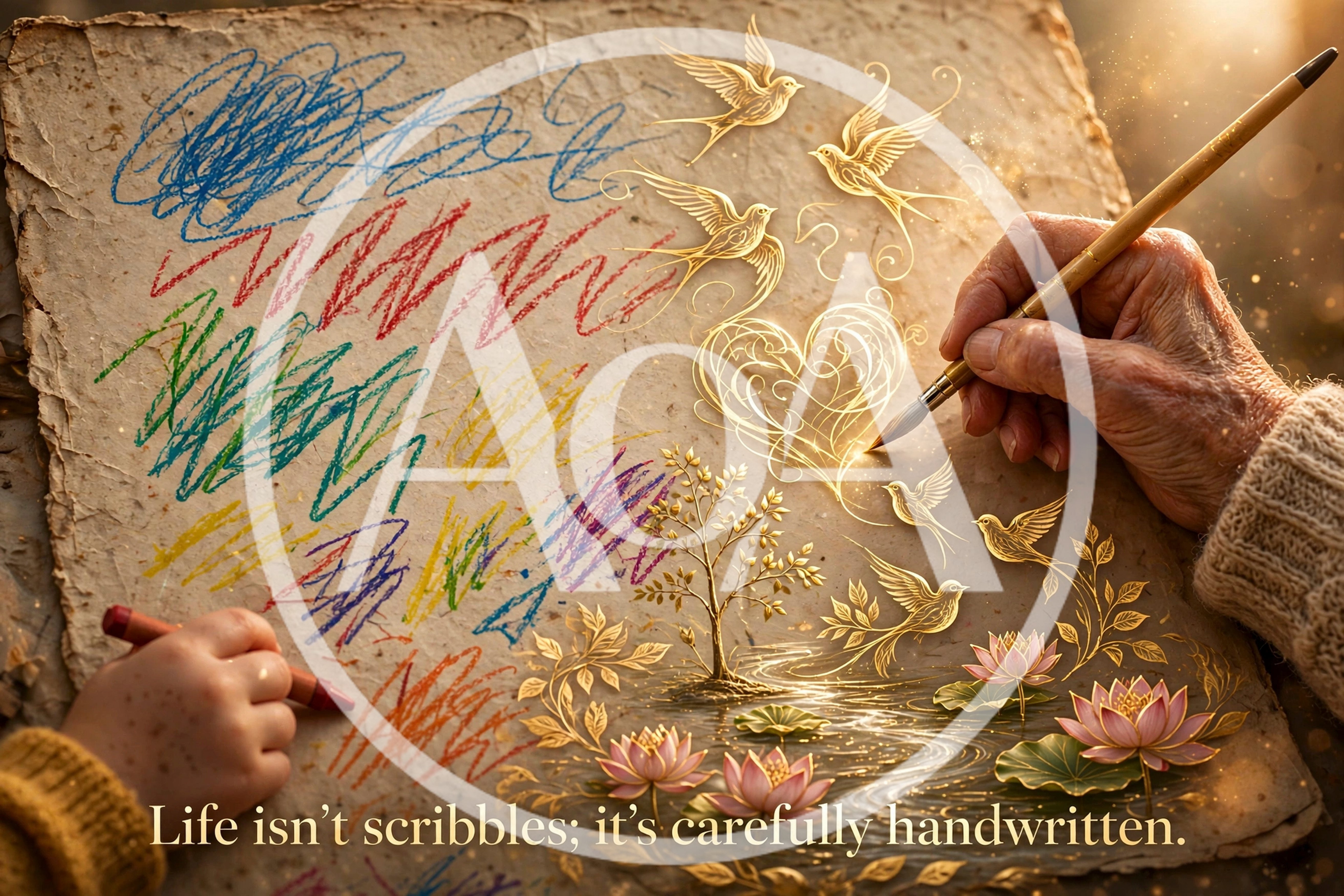 Artistic Contrast Between Child Scribbles and Elegant Calligraphy
