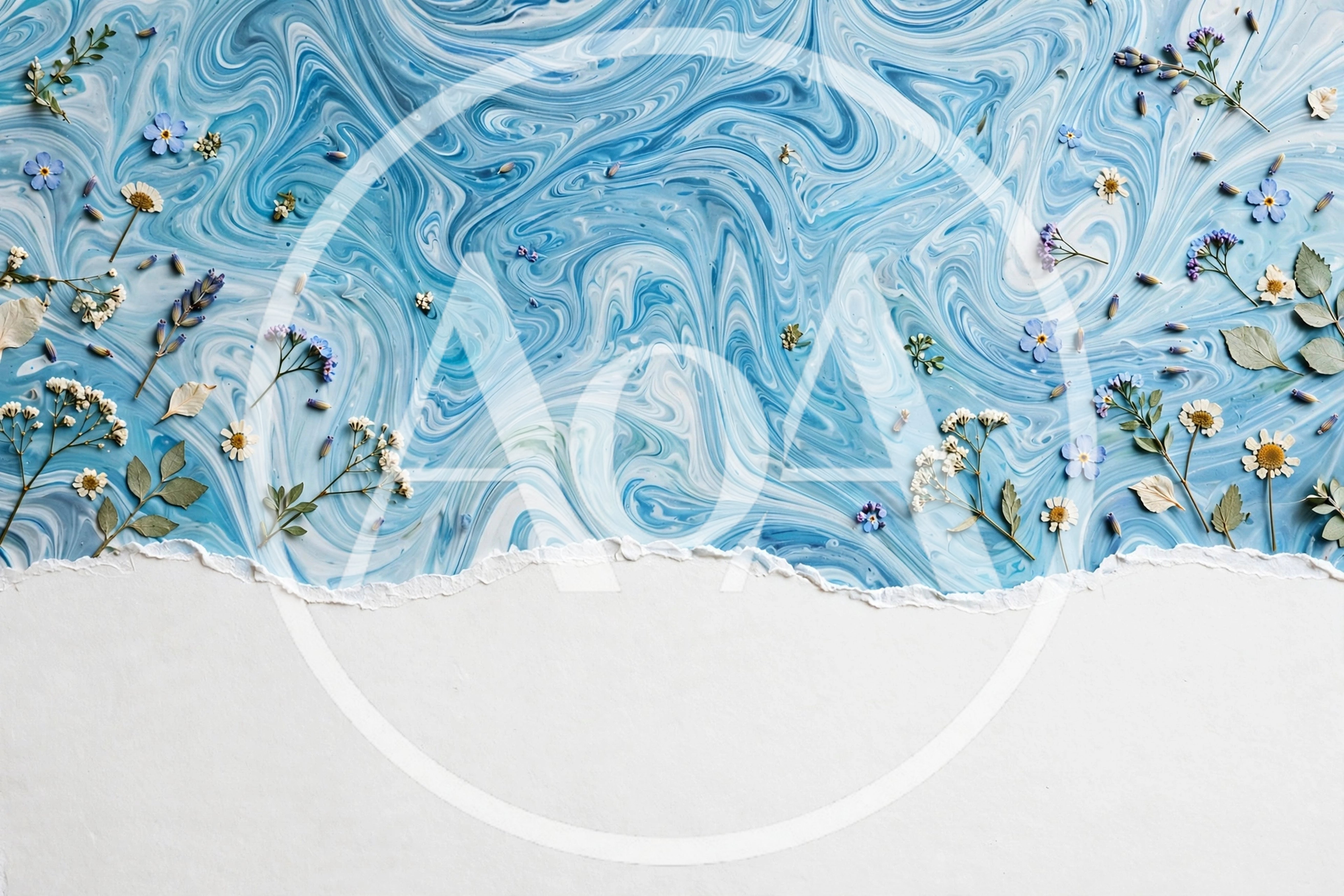 Pressed Wildflowers on Blue Marbled Paper Background