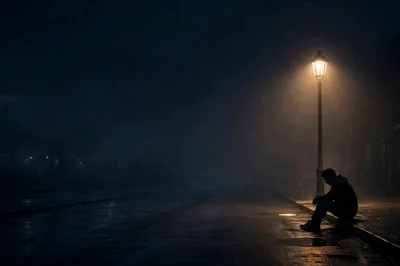 Lonely Man Sitting Under Streetlight On Rainy Night