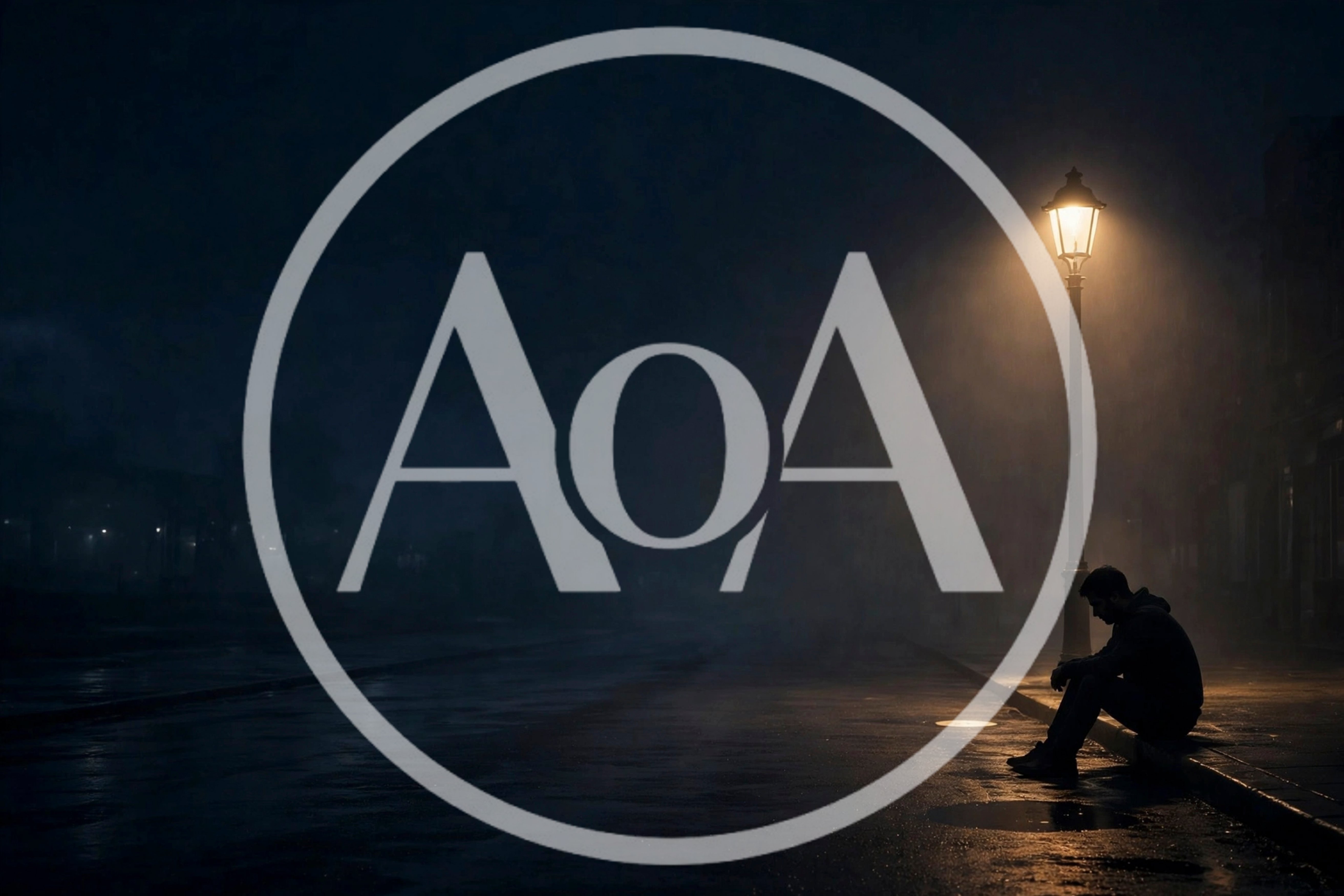 Lonely Man Sitting Under Streetlight On Rainy Night