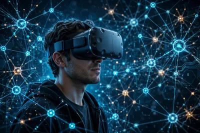 Young Man Wearing Virtual Reality Headset In Digital Network