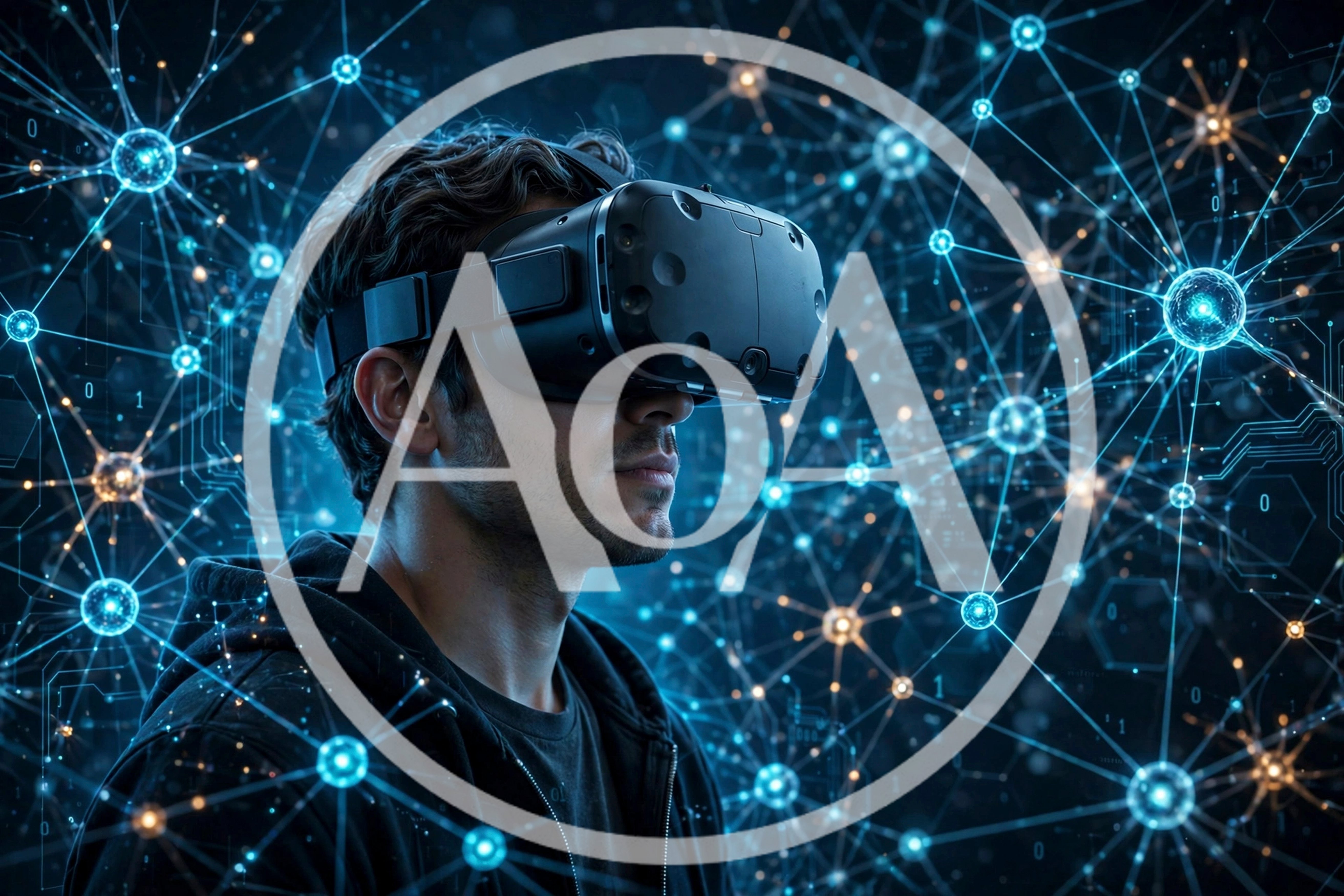 Young Man Wearing Virtual Reality Headset In Digital Network