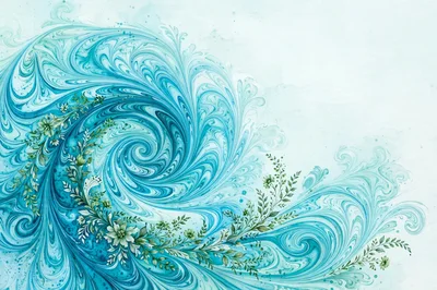 Abstract Blue Swirls With Floral Vine Accents