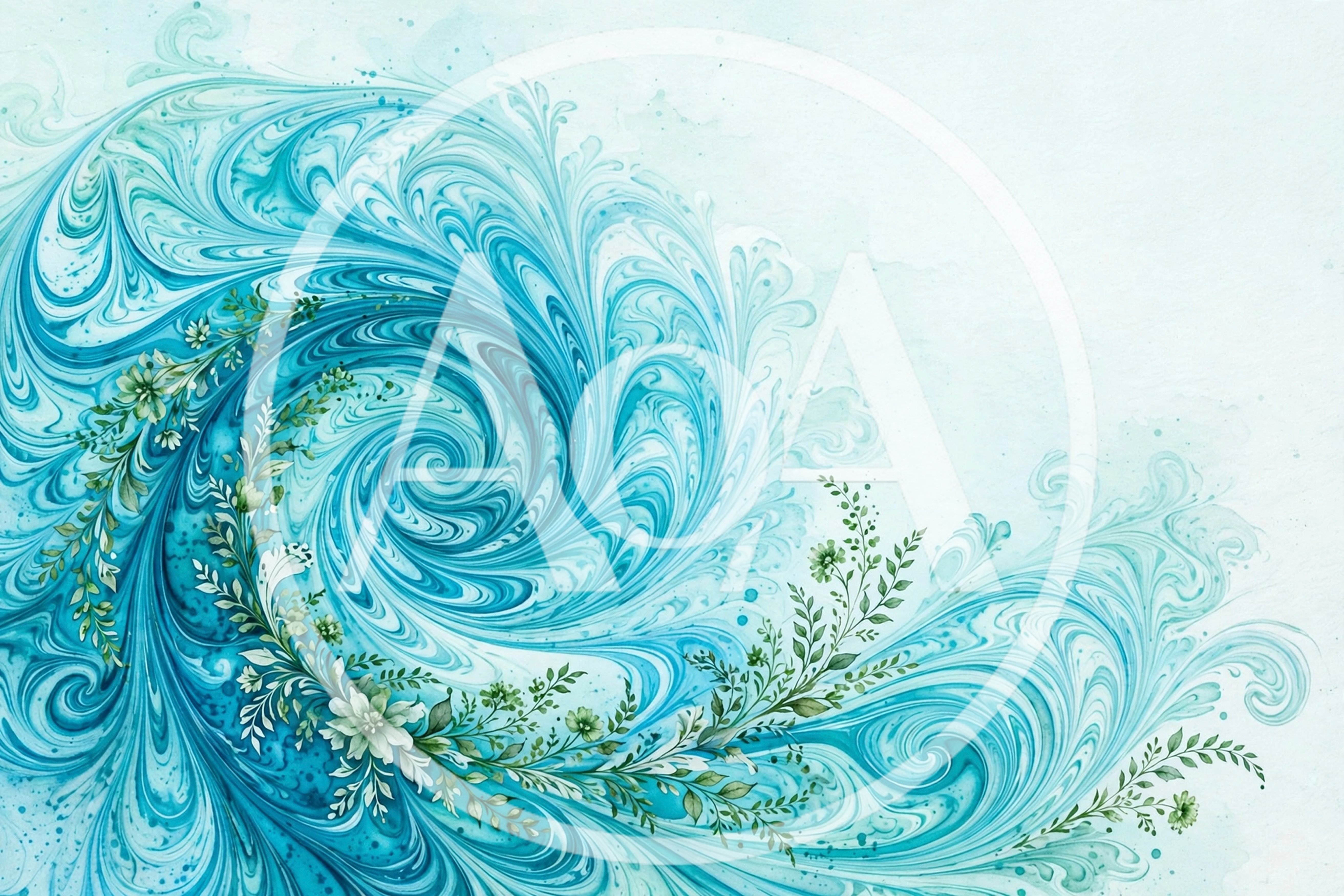Abstract Blue Swirls With Floral Vine Accents