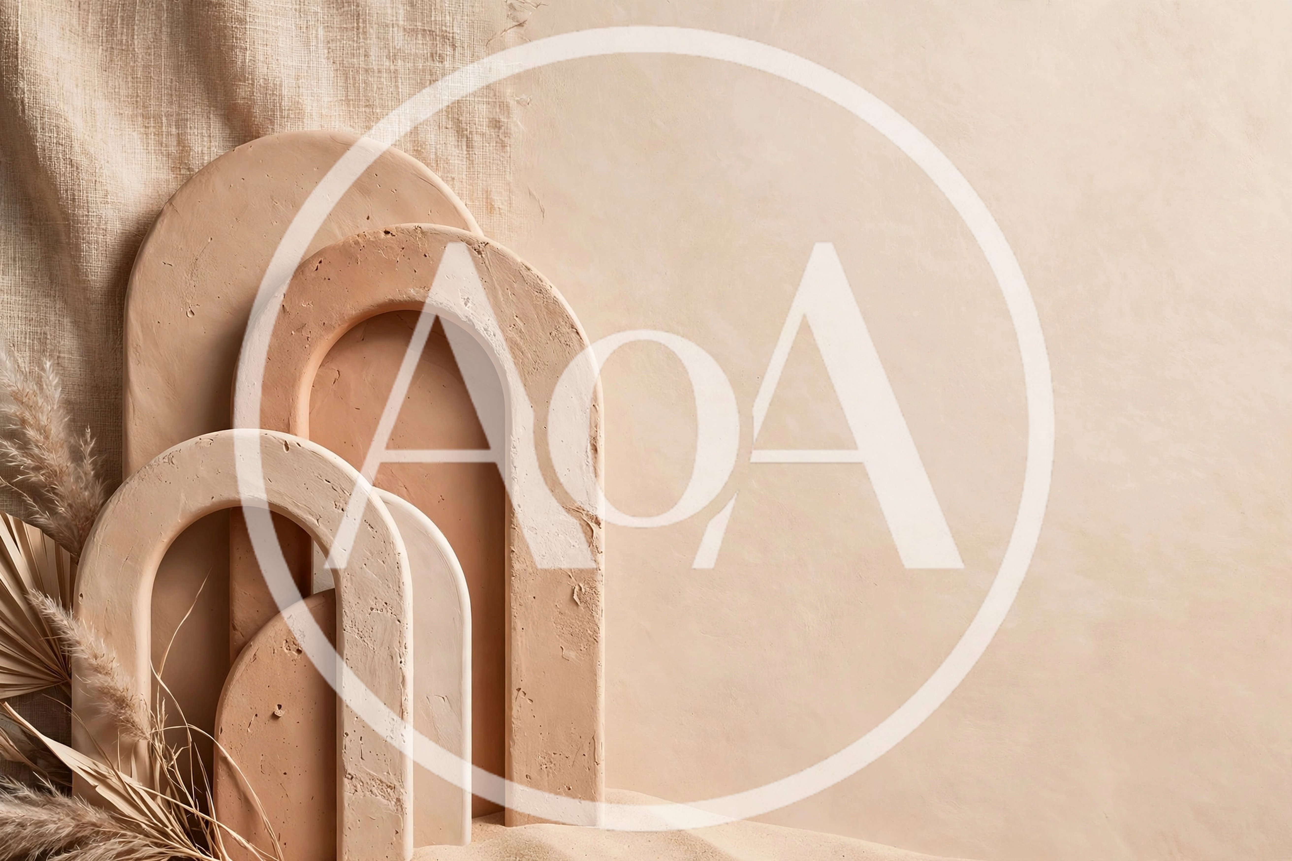 Minimalist Beige Arch Sculptures With Dried Botanical Decor