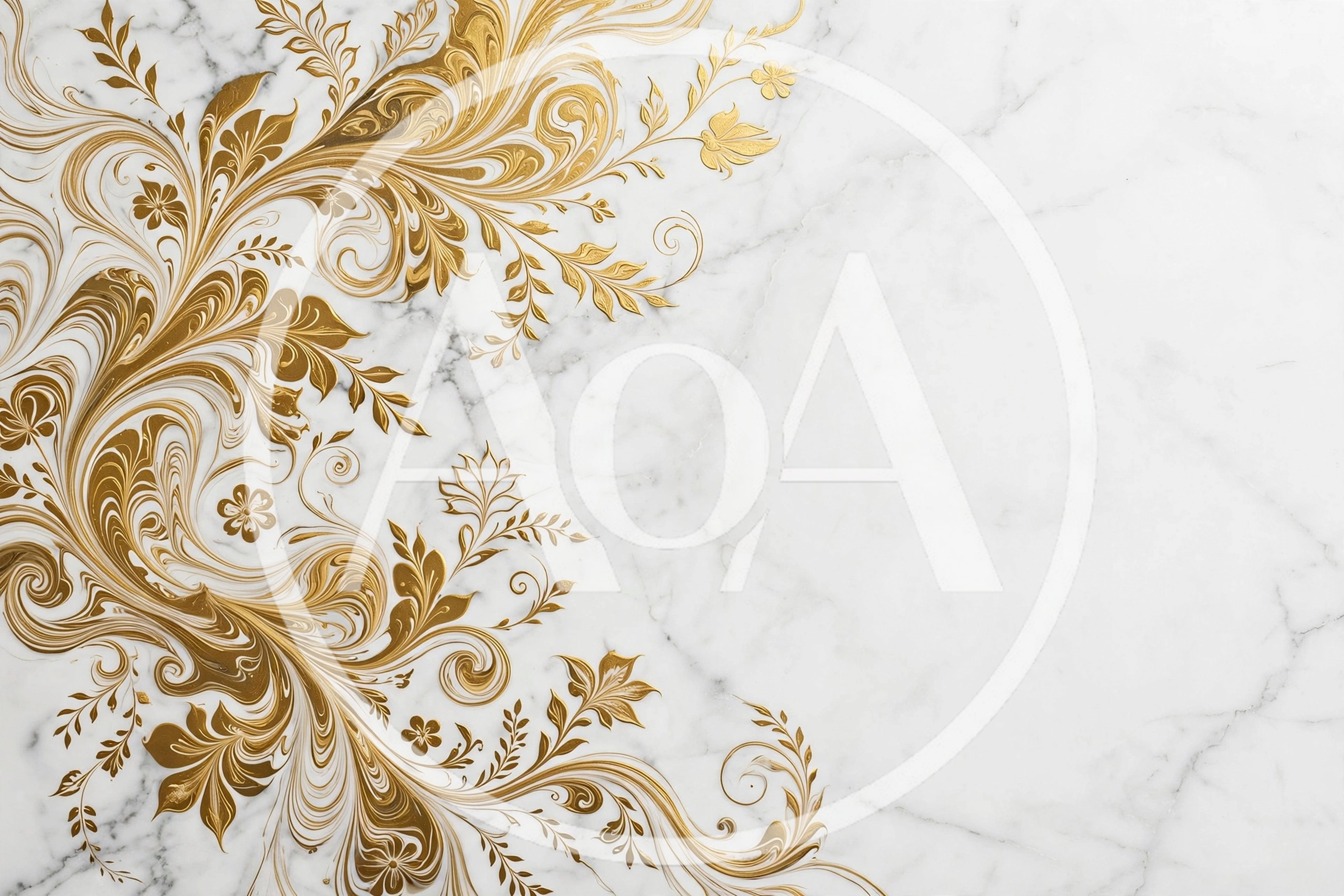 Elegant Gold Floral Filigree Pattern On White Marble