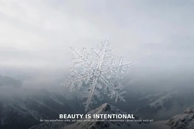 Single Intricate Snowflake Floating Over Snowy Mountain Landscape