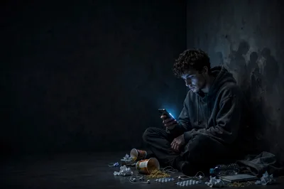 Depressed Young Man Sitting Alone In Dark Room