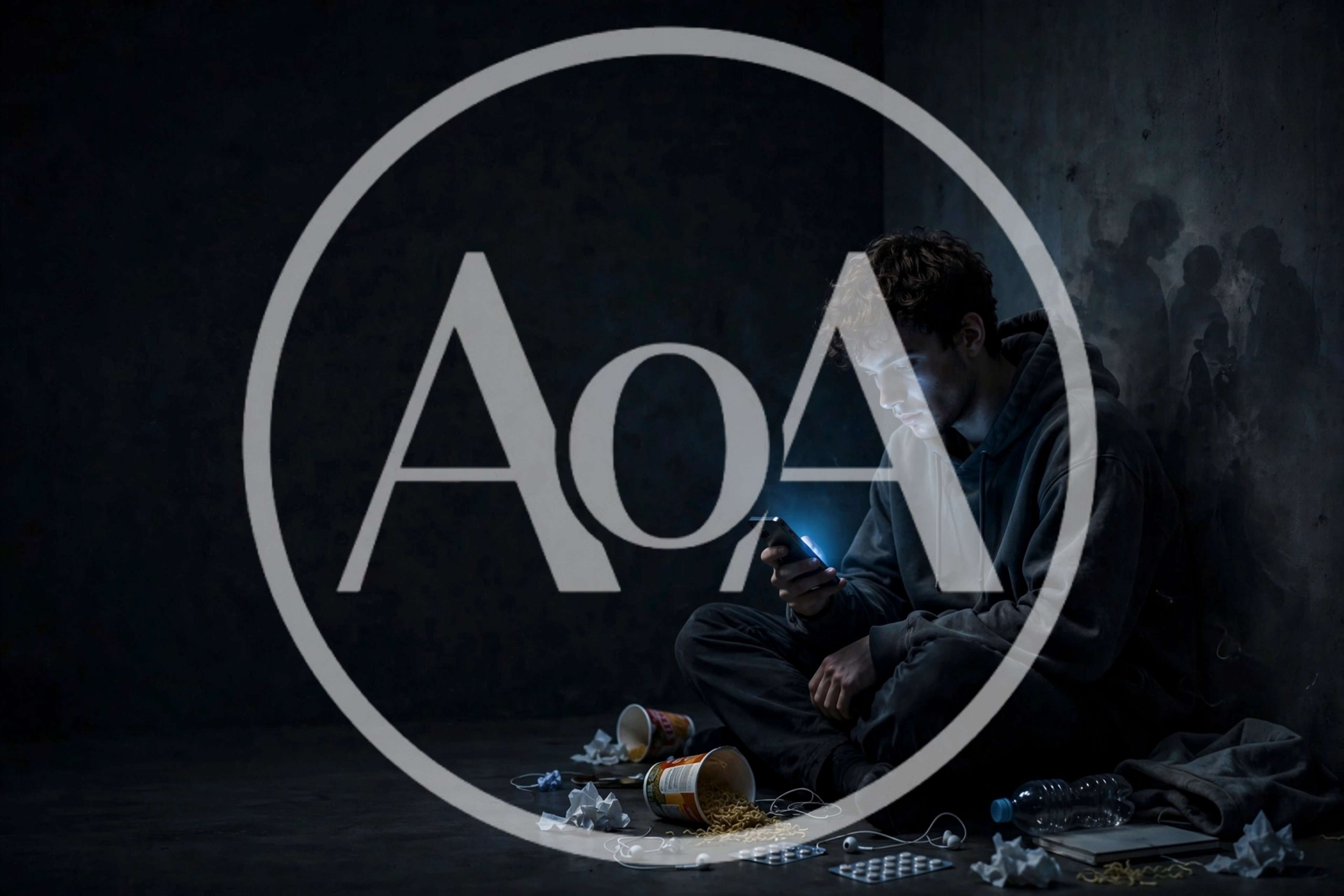 Depressed Young Man Sitting Alone In Dark Room