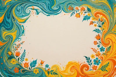 Abstract Marbled Paper Background With Floral Border