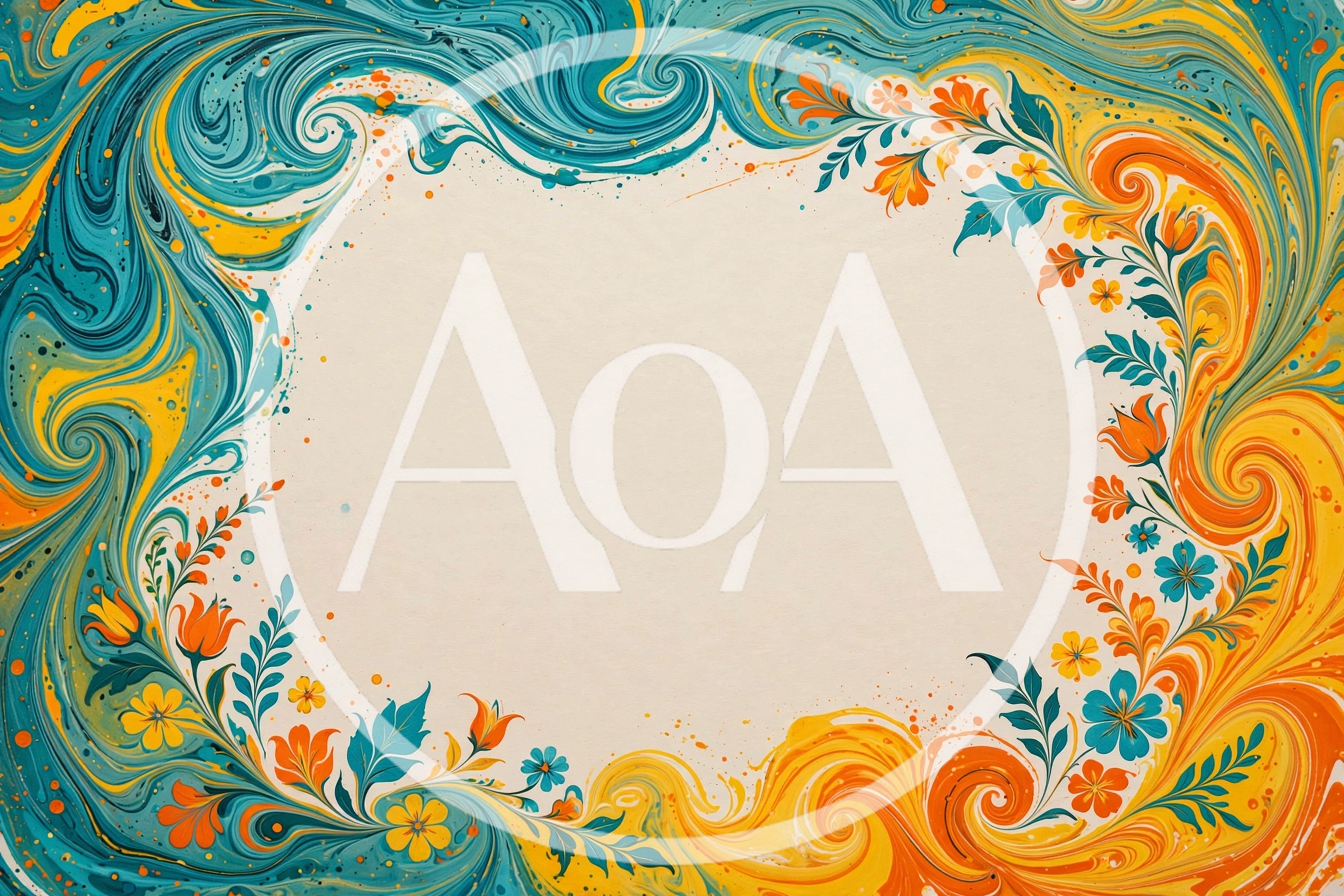 Abstract Marbled Paper Background With Floral Border