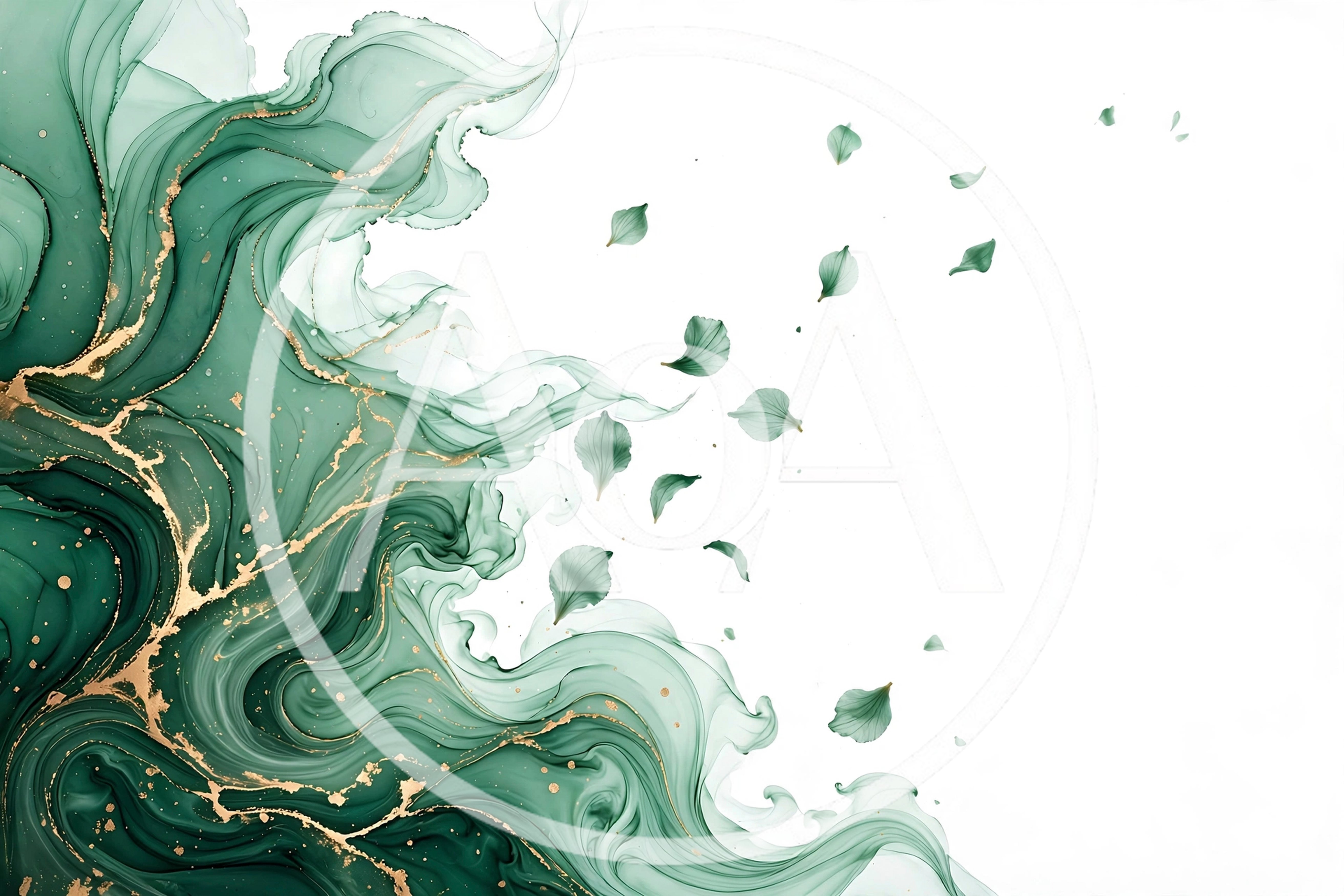 Abstract Green Alcohol Ink Background With Gold Veins