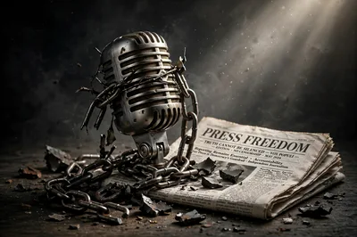 Vintage Microphone Wrapped In Chains On Press Freedom Newspaper