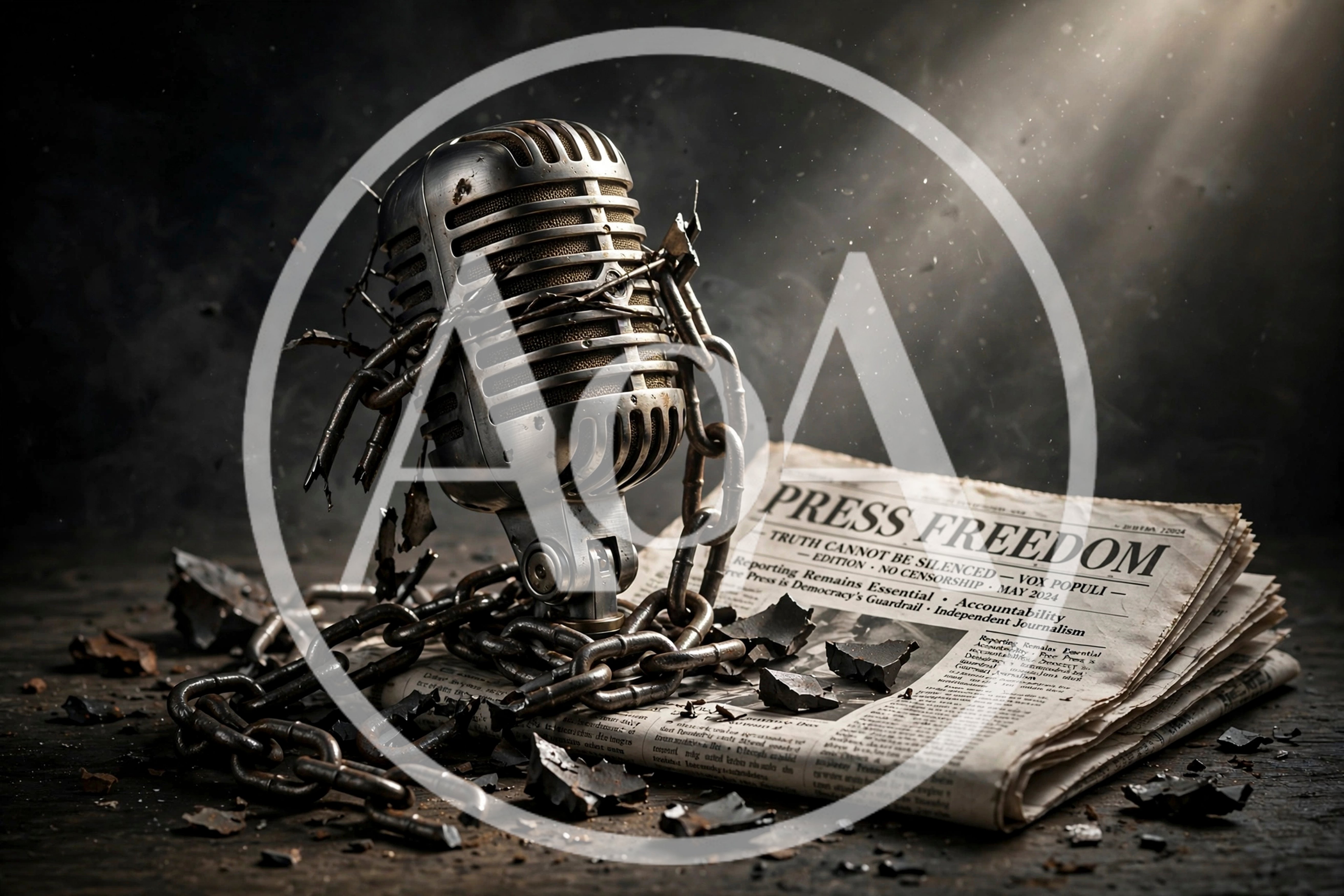 Vintage Microphone Wrapped In Chains On Press Freedom Newspaper