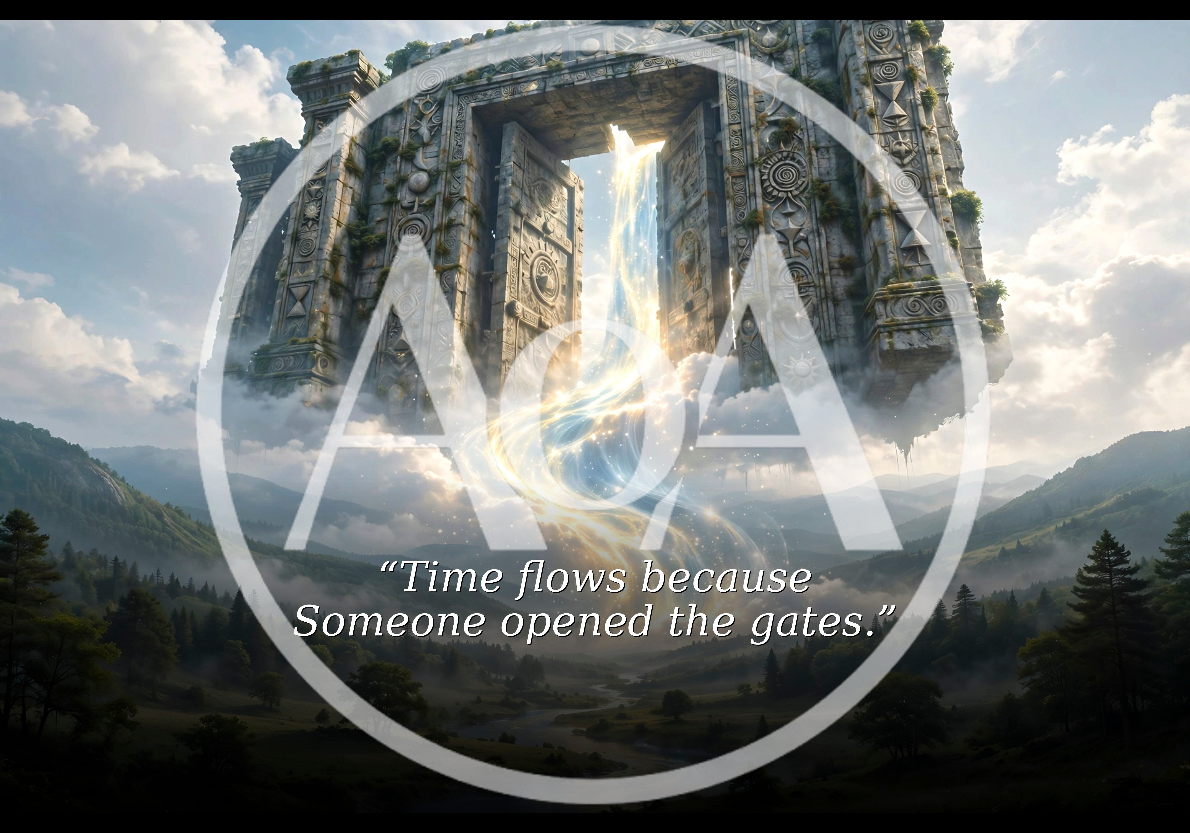Floating Ancient Stone Gate With Magical Waterfall
