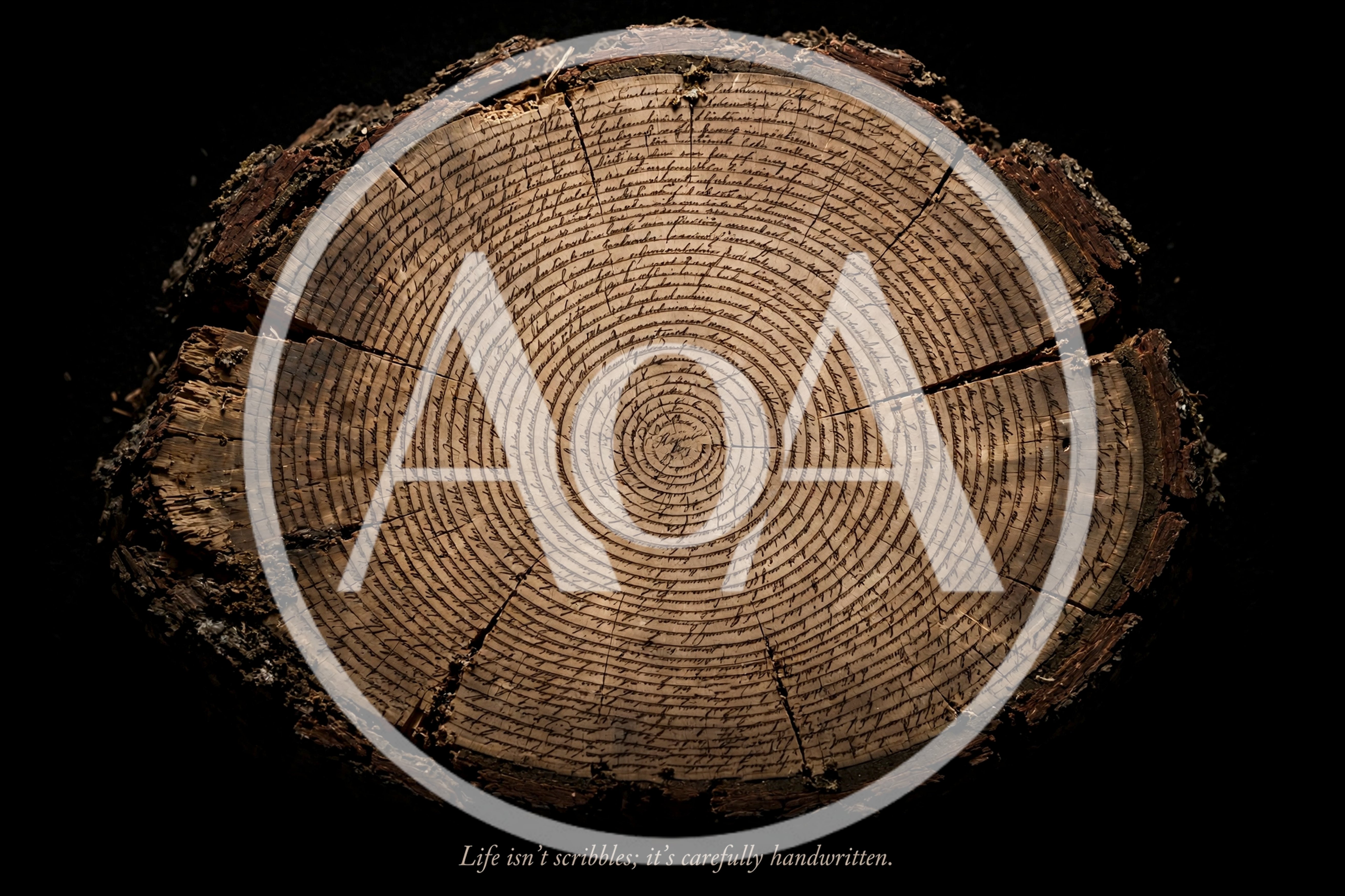 Handwritten Text Spiraling Across Tree Ring Cross Section