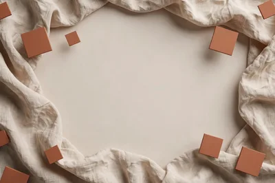 Minimalist Beige Fabric Background With Floating Terracotta Squares