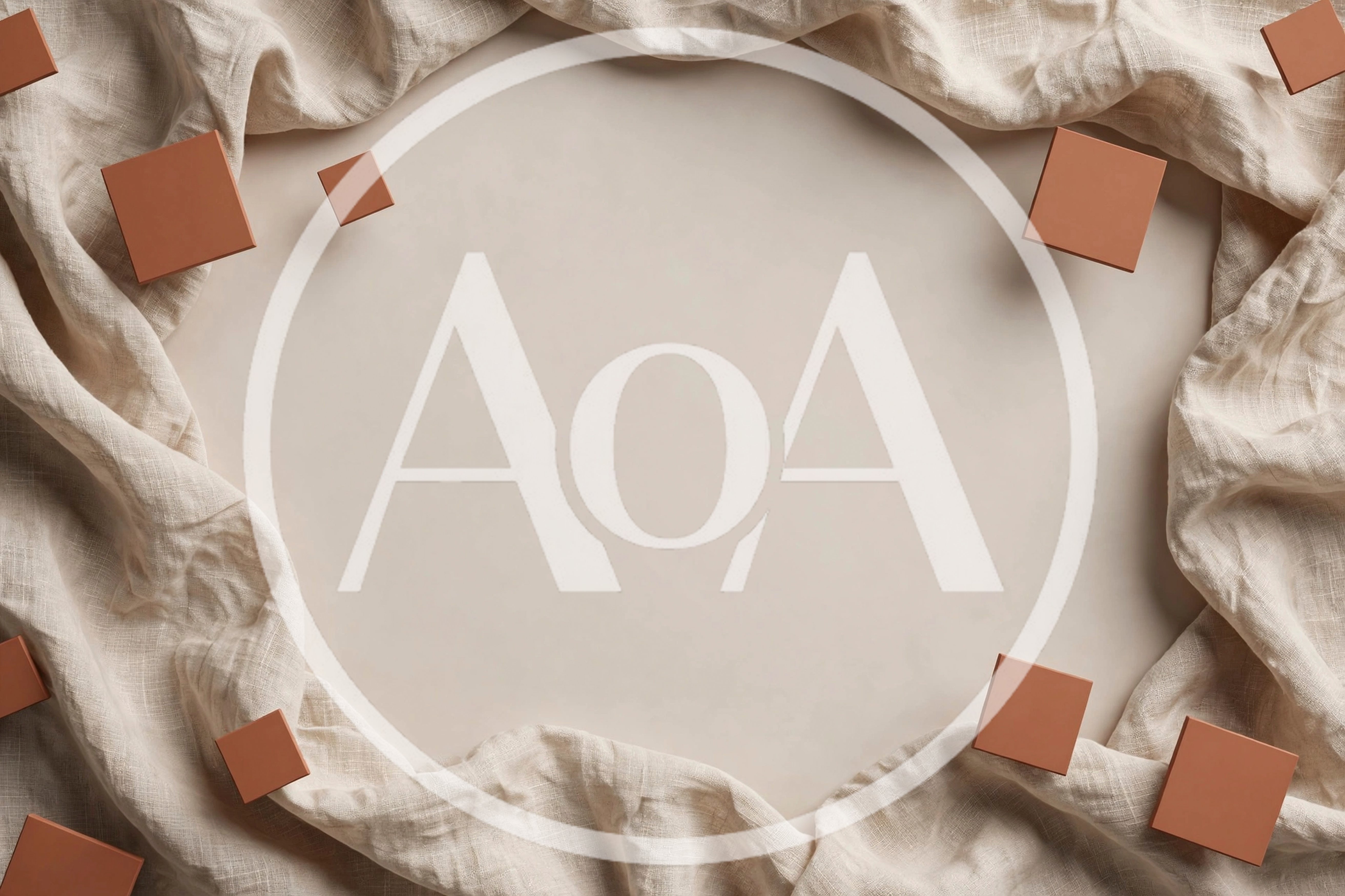Minimalist Beige Fabric Background With Floating Terracotta Squares