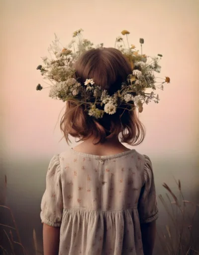 Young Girl Wearing A Wildflower Crown In A Field