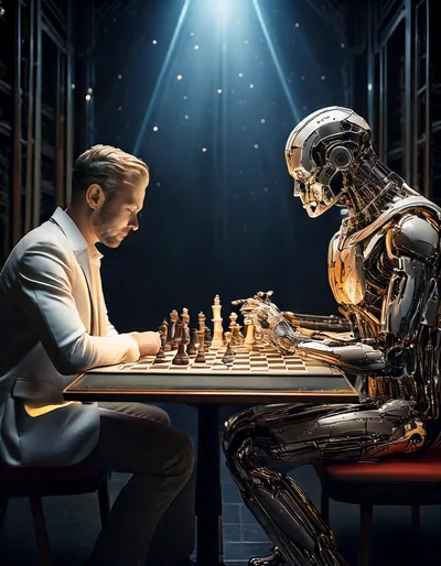 Human Man Playing Chess Against Advanced Robot