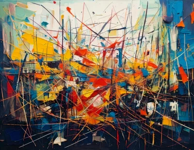 Abstract Expressionist Painting With Vibrant Geometric Lines
