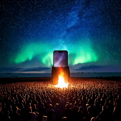 Large Crowd Gathering Around Glowing Smartphone Under Aurora Borealis