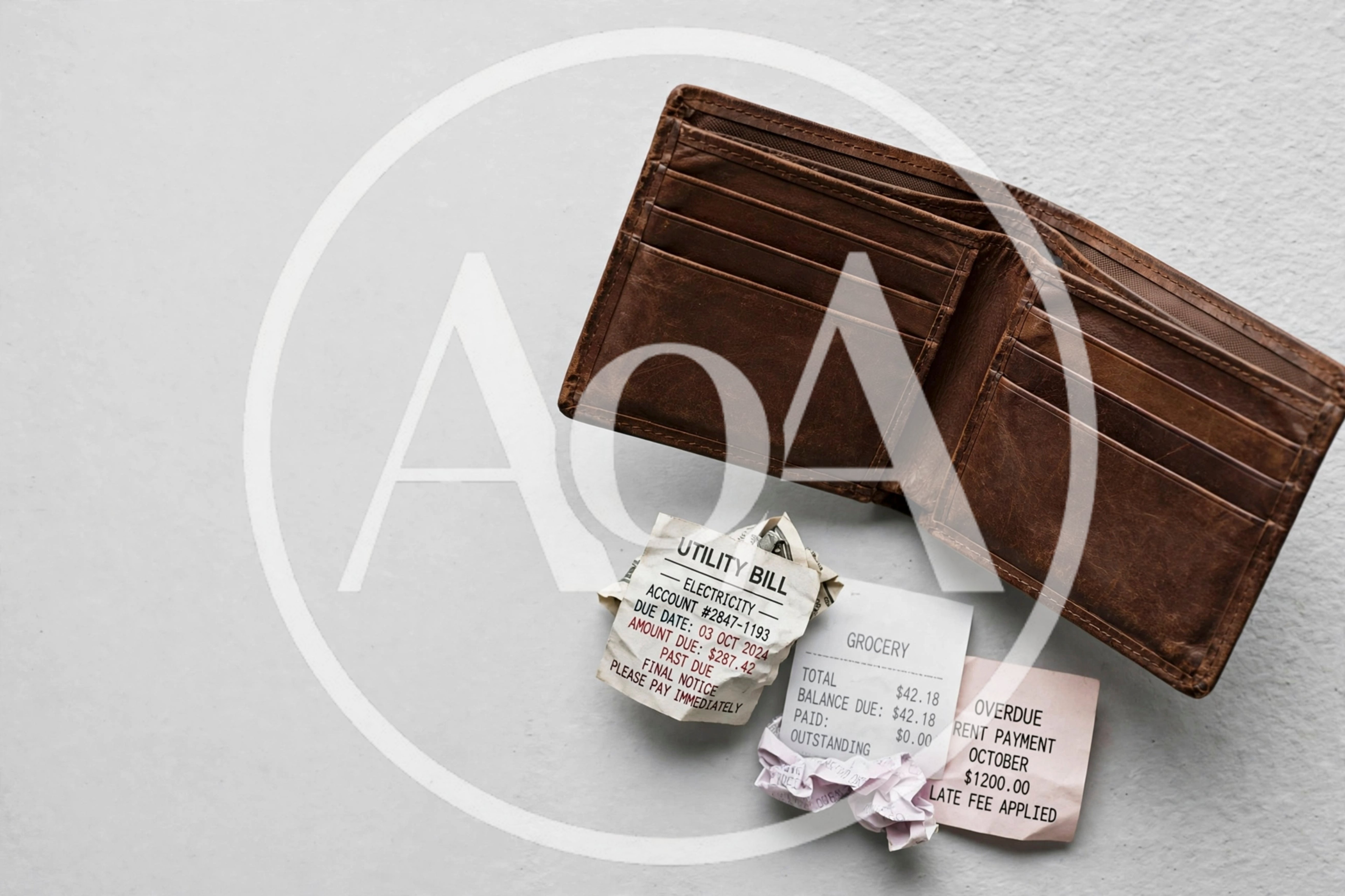 Empty Leather Wallet With Overdue Bills And Receipts