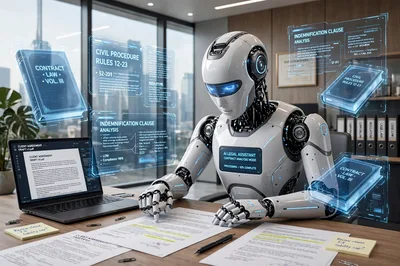 AI Robot Legal Assistant Analyzing Contracts in Office