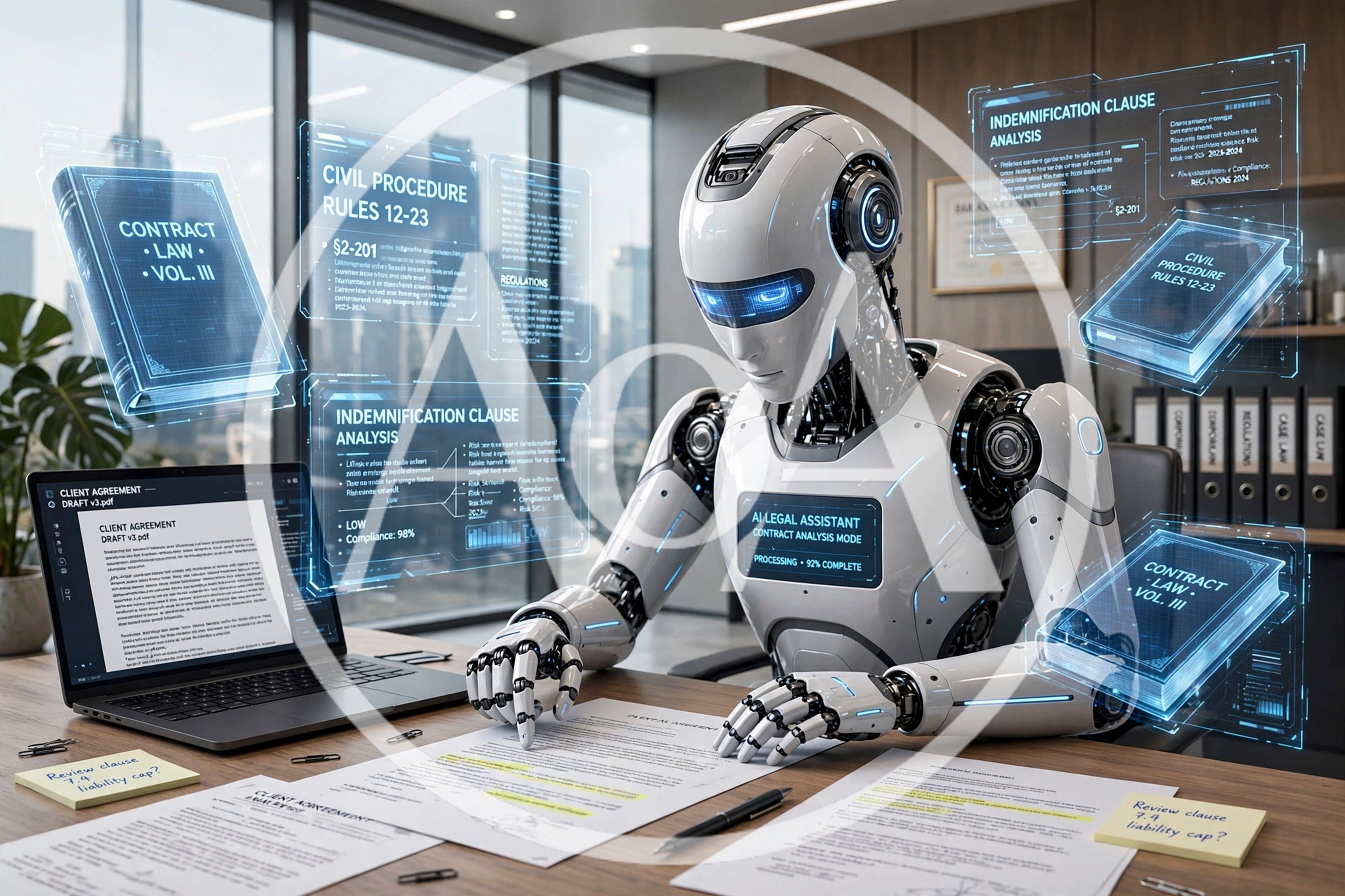 AI Robot Legal Assistant Analyzing Contracts in Office