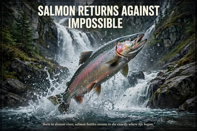 Salmon Leaping Upstream Against A Waterfall